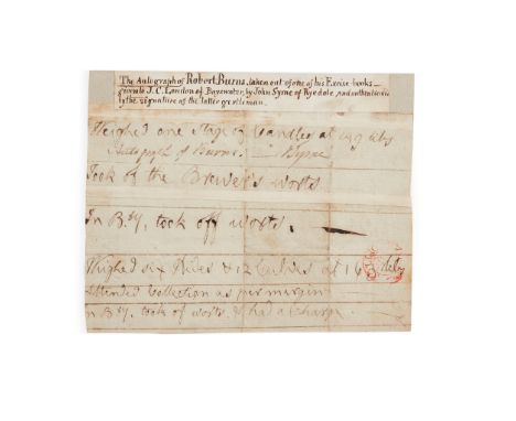 Burns, Robert Autograph fragment (unsigned) of ten lines from one of his excise books, made up of two smaller pieces joined t