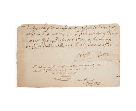 Burns, Robert Portion of an Autograph letter signed ("Robt. Burns") being the concluding four lines of a letter: "I acknowled