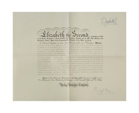 Elizabeth II (b.1926), Queen of the United Kingdom Document signed Signature, 'Elizabeth R', on the top right corner of a pri