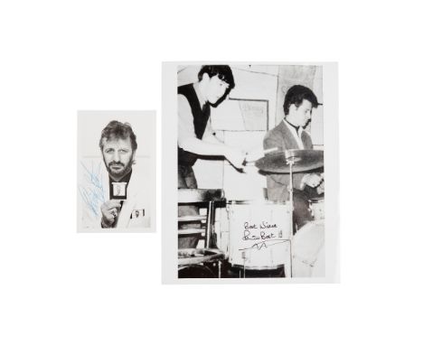 Starr, Ringo [and Pete Best] Signed Photograph of The Beatles Drummer wearing a white suit, holding a photograph of himself i