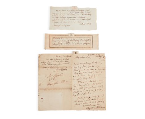 Burns, Robert and Anges Maclehose ("Clarinda") A collection of 3 items, comprising 1) two autograph lines in Robert Burns' ha