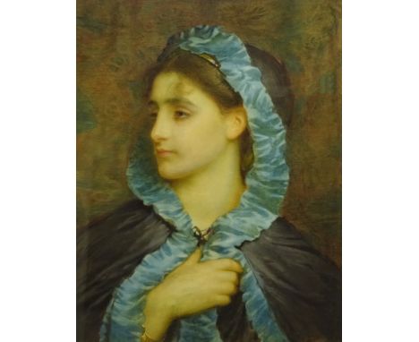 Edward Tayler (British 1828-1906): Portrait of a Young Woman in a Blue Edged Cape, watercolour signed, original title label v