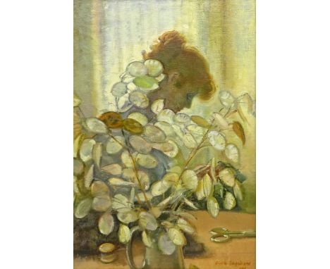 Olive Bagshaw (Northern British fl.1965-1978): Lady Reading behind a Jug of Dried Honesty, oil on canvas laid on board signed