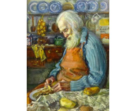 Olive Bagshaw (Northern British fl.1965-1978): Old Man Peeling Potatoes, oil on canvas laid on board unsigned 59cm x 44cmProv