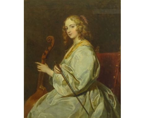 English School (19th century): Portrait of a Lady with a Cello, watercolour unsigned 35cm x 29cm