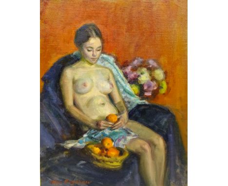 Olive Bagshaw (Northern British fl.1965-1978): Female Nude with Oranges, oil on canvas laid on board signed 50cm x 40cmProven