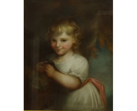 English School (19th century): Portrait of a Young Girl holding a Fledgling, pastel unsigned 58cm x 49cm