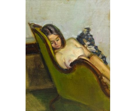 Olive Bagshaw (Northern British fl.1965-1978): Female Nude Sleeping on a Chaise Longue, oil on canvas laid on board unsigned 