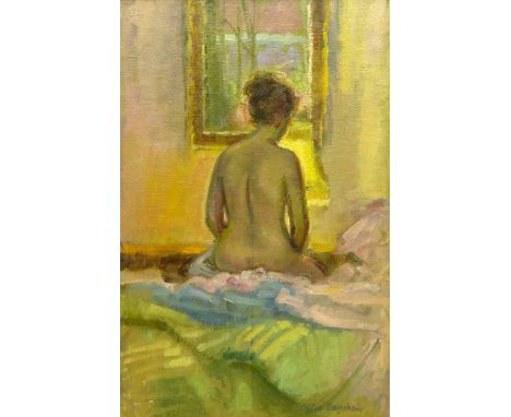 Olive Bagshaw (Northern British fl.1965-1978): Female Nude seated on a Bed, oil on canvas laid on board signed 55cm x 37cmPro