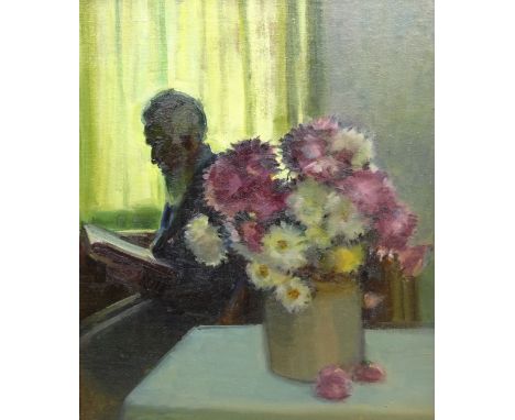 Olive Bagshaw (Northern British fl.1965-1978): Old Man Reading with a Vase of Flowers, oil on canvas laid on board unsigned 5