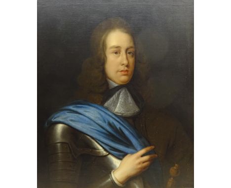 English School (Early 18th century): Portrait of a Gentleman in Armour, oil on canvas unsigned 74cm x 62cm in carved gilt-woo