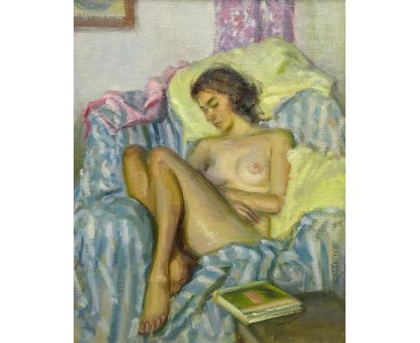 Olive Bagshaw (Northern British fl.1965-1978): Female Nude Sleeping in an Armchair, oil on canvas laid on board unsigned 49cm