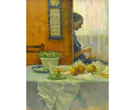 Olive Bagshaw (Northern British fl.1965-1978): Young Woman Peeling Apples, oil on canvas laid on board unsigned 45cm x 34cmPr