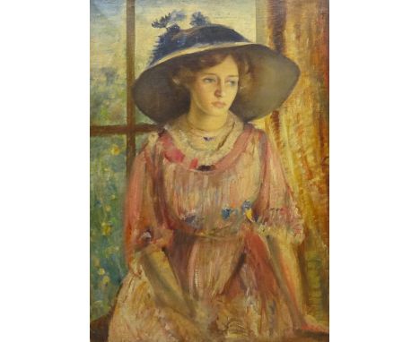 Attrib. Alfred Edward Borthwick (Scottish 1871-1955): Portrait of a Lady in a Pink Dress, oil on canvas unsigned 70cm x 50cm 