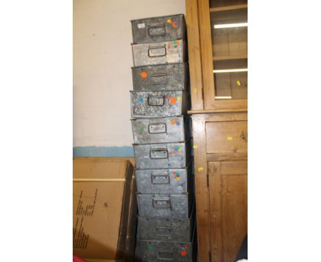 A STACK OF ELEVEN VINTAGE INDUSTRIAL TRAYS (PLEASE NOTE: ALTHOUGH SIMILAR, THE PICTURE IS NOT OF THE ACTUAL LOT)