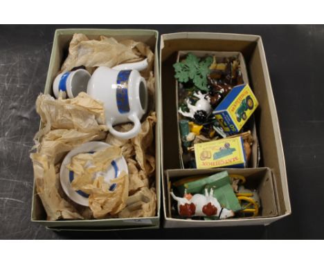 A BOXED CHARBENS HAY CART, together with a collection of pontains and other metal farm figures, animals and accessories, two 