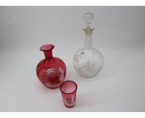 Selection of 3 glass items by Mary Gregory, decanter, smaller open vessel and flask