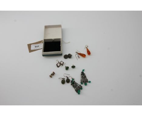 SUndry earrings, amber etc in a light blue box
