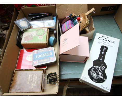 Mixed lot of various old pens including Parker, tin advertising containers, electric water mark dector, toy puppet, watch in 