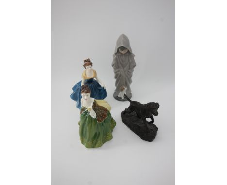 2 Royal Doulton figures, 1 Nao figure and bronze style figure of hunting dog