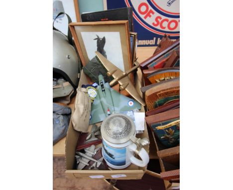 Collection of RAF memorabilia including prints, model aircraft, badges, tankards, first aid kit and other items  