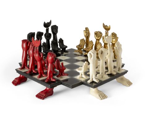 Pedro Friedeberg (b.1936) 'AJedrez Para Cuatro' sculptural chess set, 1998  Carved, painted and gilt mahogany  Signed in pain