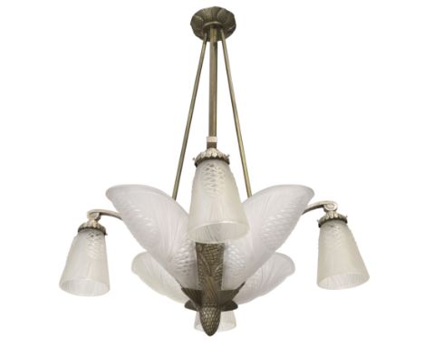 Degu&eacute;&nbsp;Art Deco pendant light, circa 1930&nbsp;Nickel plated metal, mouled glass shades by Degu&eacute;&nbsp;92cm 