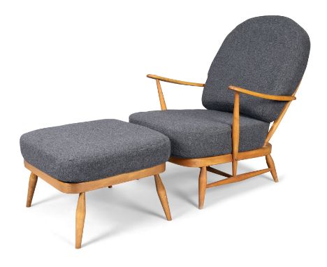 Lucian Ercolani (1888-1976) for Ercol   Model 203 armchair & Model 205 ottoman  Beech, wool upholstery  Manufacturer's label 