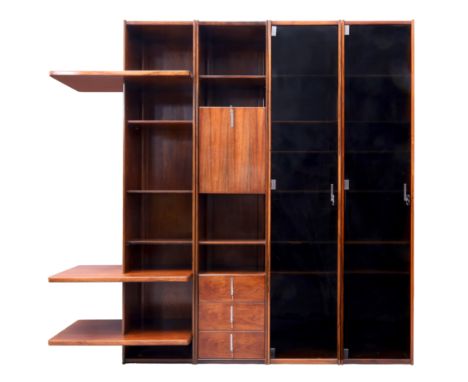 Vittorio Introini (1935-2023) for Saporiti   'Pellicano' wall system, circa 1960s  Rosewood, glass, chromed metal  216.5cm hi