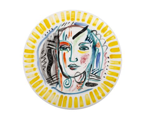 Caroline McNairn (1955-2010) Charger decorated with stylised portrait, 2002  Polychrome hand-painted glazed earthenware  Sign