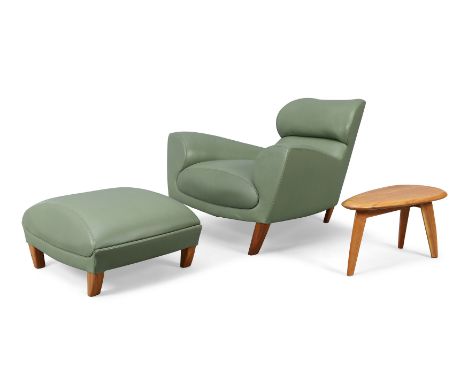 Linley 'Aston' lounge chair and ottoman, together with matching side table, circa 2020  Walnut, leather upholstery  Lounge ch