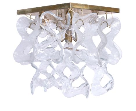 Kalmar Ceiling light, circa 1960  Brass, clear and bullicante Murano glass panels  Manufacturer's label  30cm square It is th