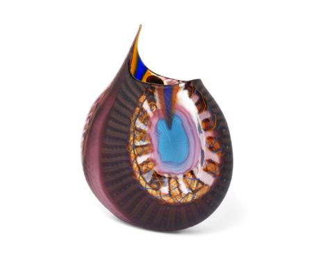 Leone Panisson Large Murano glass vase, circa 2010  Zanfirico Lattimo and Battuto glass with internal aventurine decoration  