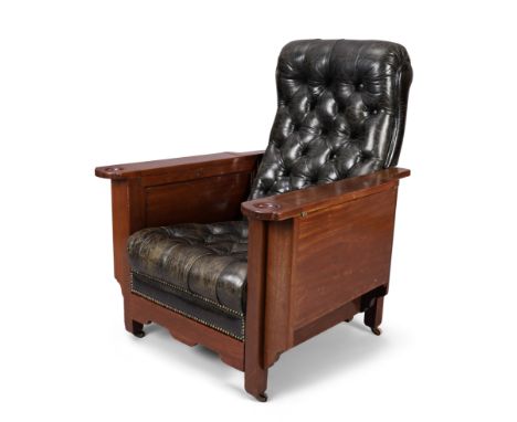 Albert Glenister   'Glenister's patent' reclining gaming chair, circa 1919  Mahogany, leather  With metal manufacturer's plaq