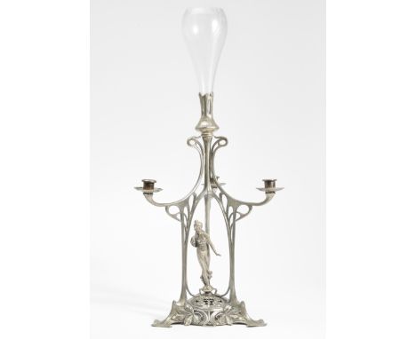 WMF (Wurttembergische Metallwarenfabrik) Art Nouveau figural epergne candelabrum, circa 1900  Electroplated metal, cut glass 