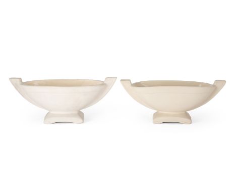 Charles West for Fulham Pottery   Near pair of 'FWE' mantle vases, circa 1950  Unglazed earthenware with glazed interior  Eac