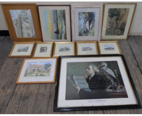 10 framed 20thC landscape watercolours & an antique print in ebonised frame (11),Various sizes 