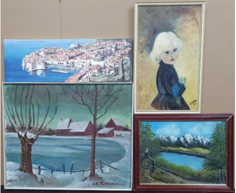 4 various oils, 3 landscapes and 1 portrait of a blonde haired girl 