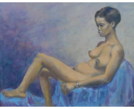 Unsigned, late 20thC oil on board, portrait of young naked Afro-Caribbean lady, thin frame,The painting measures 35 x 45 cm 
