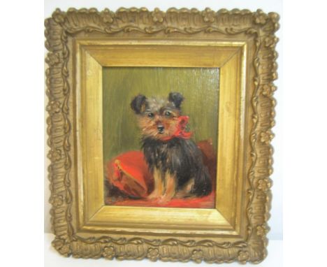 Bessie Bamber (Liverpool active 1890-1910) miniature oil portrait on board, of a terrier in original gilt frame, signed in in