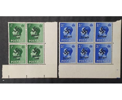 Edward VIII 1936 block of 4 1/2d green with side bar together with block of 6 2 1/2d both with unusual (faux?) Jersey 1940 ov
