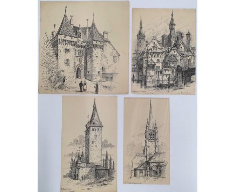 4 Alfred Bowyer Clayton (1795-1855) 1830s pen & ink "Architectural studies, Switzerland", each drawing inscribed with the pla
