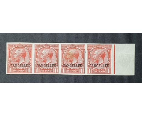 KG V 1913 carmine red, MINT imperf strip of 1d with Cancelled over-print (4) 