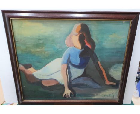 D J Lacroix 1945 French surrealist female oil on paper portrait, signed and dated, framed,The portrait measures 49 x 59 cm 