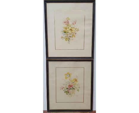 Indistinctly finely painted floral watercolours, in matching thing frames,Both w/c's 24 x 19 cmPlease note - Both w/c's have 