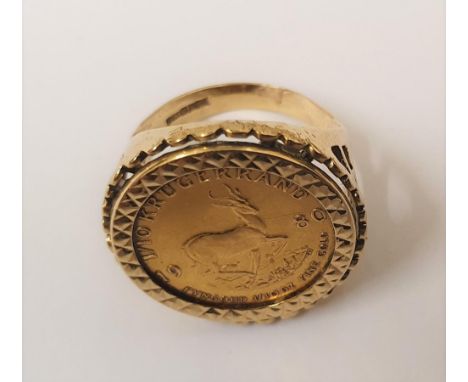 1/10th Krugerrand (VF) set in an ornate 9ct gold ring,Total overall weight is 5.7 grams,          ring size is H/I 