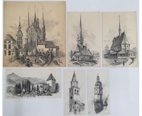 6 Alfred Bowyer Clayton (1795-1855) 1830s pen & ink "Austrian architectural studies", each drawing inscribed with the place, 