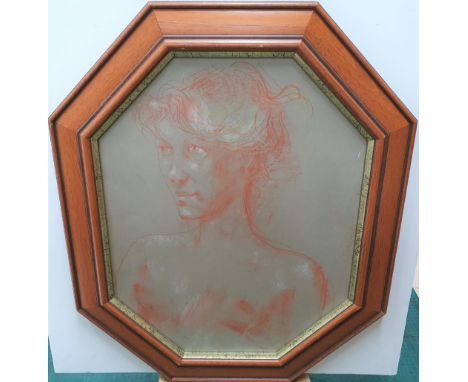 Peter COLLINS (1923-2001) conte crayon portrait of topless female in pleasing octagon wood frame,Approx portrait size is 46 x
