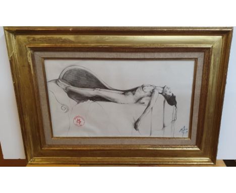 Maurice COLASSON (1911-1992) graphite, reclining female nude on chaise lounge, signed in initials, studio stamped and framed,