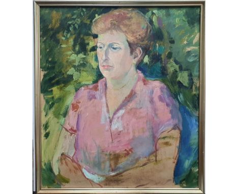 Large 1970s oil on board portrait of a lady in pink in thin frame,The portrait measures 60 x 53 cm 
